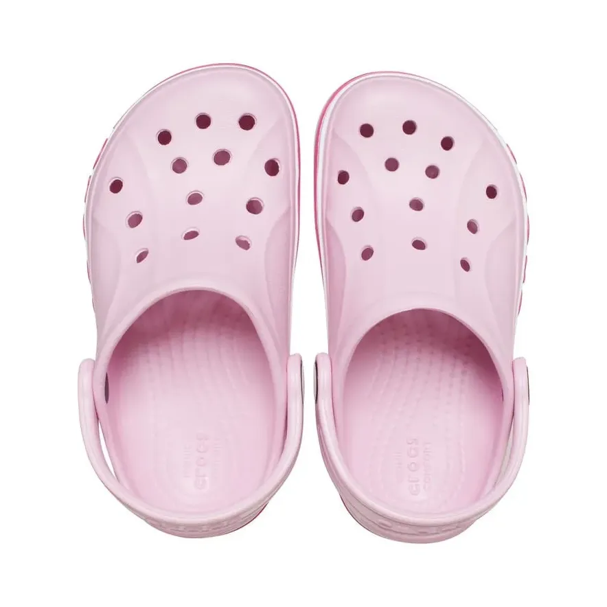 Detalhe do babuche infantil Crocs Ballerina rosa mostrando a sola e as tiras